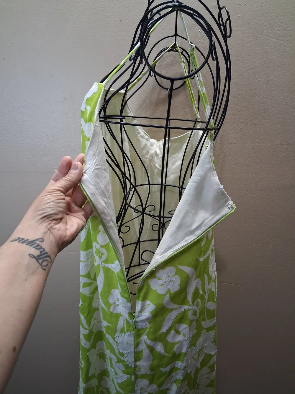 Flora Bea Floral Green Linen & Cotton Dress with Sequins NWT